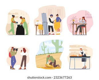 Set of Female Character Professions. Woman Work in Cleaning Service, Tailor in the Atelier, Food Blogger and Journalist, Archeologist Scientist and Baker. Cartoon People Vector Illustration
