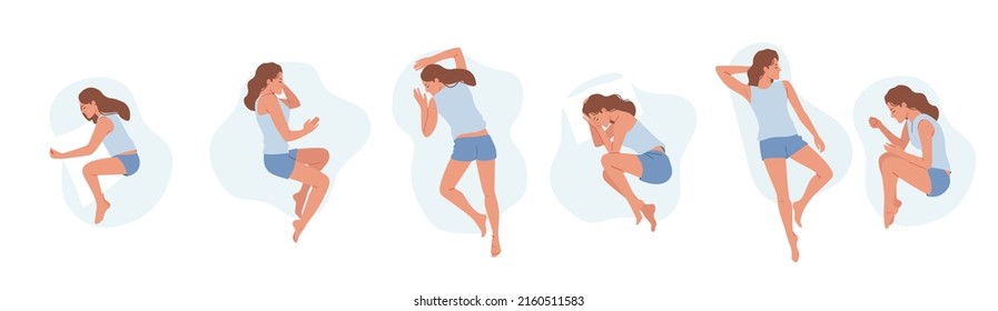 Set Female Character Sleeping Poses, Girl Lying in Bed in Various Comfortable Positions Top View. Woman Sleep, Bedtime, Nighttime Relaxation Isolated on White Background. Cartoon Vector Illustration