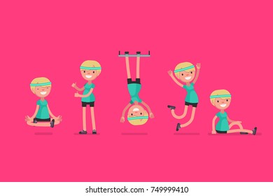 Set of female character in sport clothes in different poses: Vector illustration.