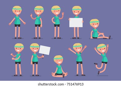Set of female character in sport clothes in different poses: Vector illustration.