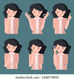 Set of female character various pose. Emotion and body language concept. Vector illustration.