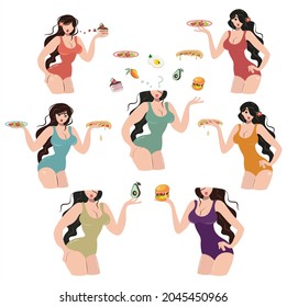 Set with female characters about the choice of food. Curvy women hold different food. Healthy and unhealthy food concept. The problem of choosing the right food for health and weight loss. Flat vector