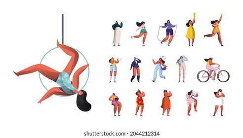 Set of Female Characters Aerial Circus Gymnast, Sportswoman Workout on Jump Rope, Hold Award Trophy, Ride Bicycle, Work on Laptop Women Isolated on White Background. Cartoon People Vector Illustration