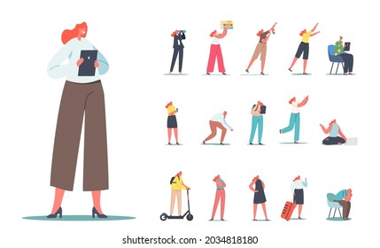 Set of Female Characters, Businesswoman with Tablet Pc, Binoculars, Student Girl, Busy Secretary with Folders Pile, Traveler with Bag Isolated on White Background. Cartoon People Vector Illustration