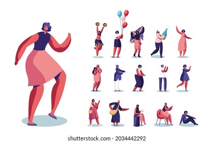 Set of Female Characters Dance, Cheer Leader Performance, Girl with Balloons, British Flag and Champagne Bottle Collect Cotton on Field Isolated on White Background. Cartoon People Vector Illustration