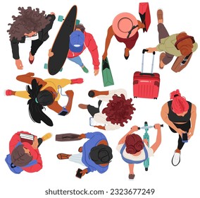 Set of Female Characters with Different Equipment and Activities Top View, Group Of Women Walking Together, Showcasing Diversity And Unity In Their Stride. Cartoon People Vector Illustration