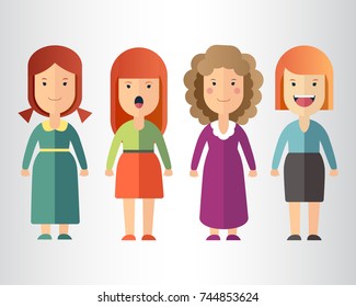 Set of female characters with different facial expressions. Vector illustration