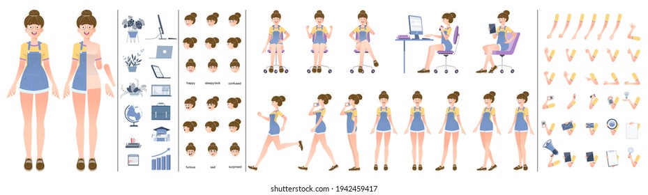 Conjunto de caracteres femeninos en diferentes poses.Ilustración vectorial.