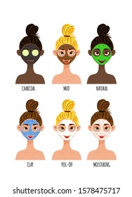 Set with female characters with different skin colors and a cosmetic face mask. Cartoon style. Vector illustration