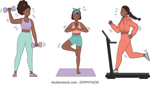 Set of Female Characters Do Workout Vector Isolated on a White Background.