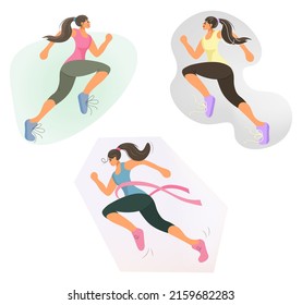 A set of female characters doing athletics. The running woman strives for victory. The girls go in for sports. The concept of a healthy lifestyle. Vector illustration. Modern flat style for run day.