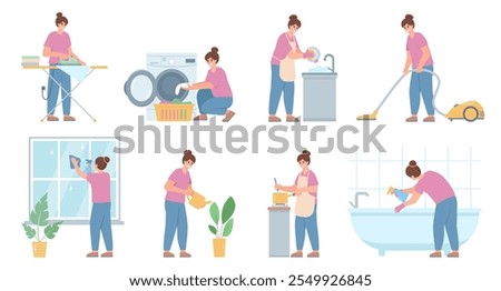 Set female characters doing housework. Woman Washing and ironing clothes, cooking, vacuuming, washing dishes and bath. Young housewife and daily routine. Vector illustrations on white background.