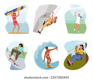 Set Of Female Characters Engage In Extreme Sport or Vacation Activities. Young Women Riding Longboard And Surf Board, Playing Tennis And Climbing Rocks. Cartoon People Vector Illustration