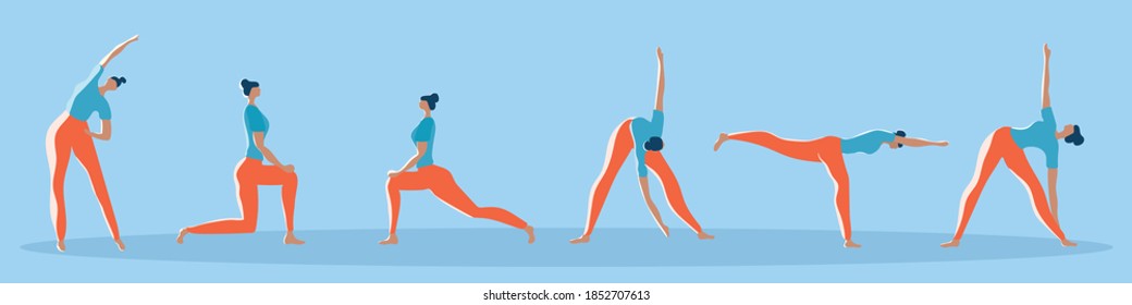 Set of female characters exercise activities Set. Female doing Exercise, Yoga, Fitness, Workout in Different Poses, Stretching, Healthy Lifestyle, Leisure. Flat style. Vector illustration 
