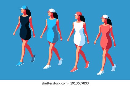 Conjunto de caracteres femeninos de longitud completa. Cuatro mujeres con ropa de verano informal, zapatillas de deporte y gorras de béisbol. Ilustración del vector