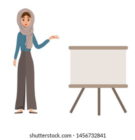 Set of female characters. Girl points hand to the schedule. Vector illustration