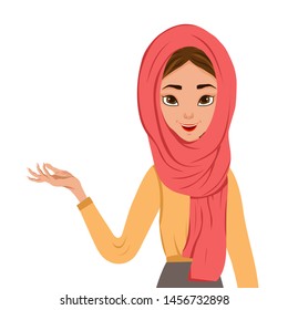 Set of female characters. Girl points to the right hand to the side. Vector illustration
