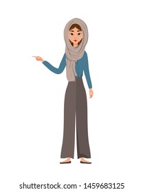 Set of female characters. Girl points to the right hand to the side. Vector illustration