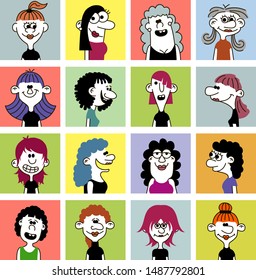 Set of female characters. Hand drawn vector drawing.