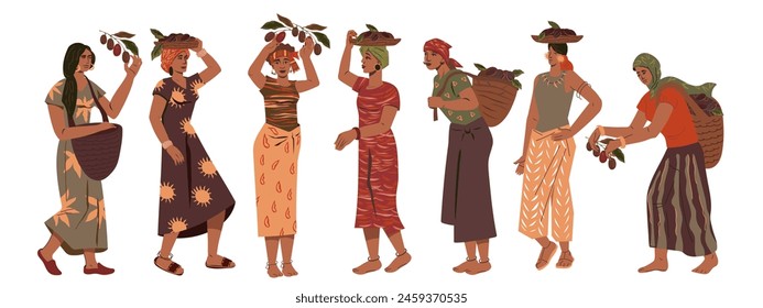 Set of female characters harvesting coffee, flat color vector illustration isolated on a white background. Characters of women picking coffee beans for packaging and print design.