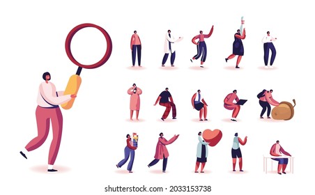 Set of Female Characters with Magnifying Glass, Acorn and Red Heart, Sportswoman Run, Playing Bowling, Hold Alcohol Bottle, Work on Pc Isolated on White Background. Cartoon People Vector Illustration