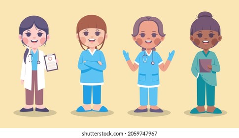 Set of female characters of medical team. doctors, nurses. Surgeons, cartoon charactor, vector  illustration