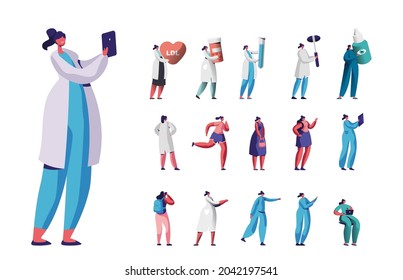 Set of Female Characters, Medicine Doctor or Nurse with Smartphone, Heart and Pills, Glass Flask, Eye Drops. Women Sport and Travel Isolated on White Background. Cartoon People Vector Illustration