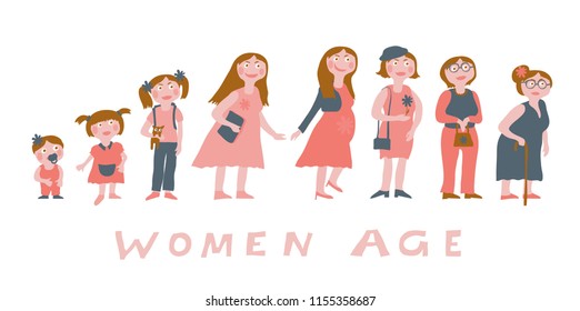 Set of female characters in naive flat style. Funny characters. Cycle of life concept with woman growing up from infant to grandmother. Editable vector illustration in natural colors
