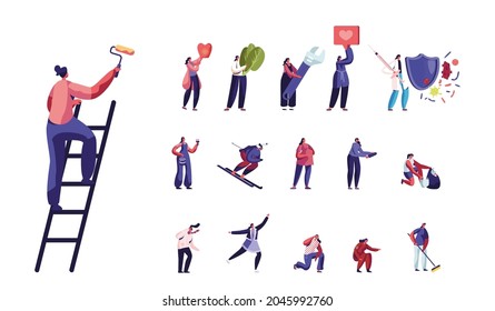 Set of Female Characters Painting Wall with Roller, Skiing or Biathlon Sport, Fight with Virus. Women Skating on Ice Rink, Ambulance Isolated on White Background. Cartoon People Vector Illustration