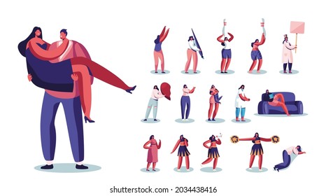 Juego de personajes femeninos jugando al Bowling, pintando con pincel enorme, abrazando a un niño, sosteniendo la mitad del corazón, leyendo un libro, dudando, animando al líder, aislado de fondo blanco. Ilustración de vectores de personas de caricatura