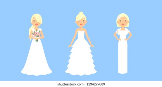 a set of female characters, portraits of pretty young girls/women dressed in elegant white wedding dresses as brides; cartoon style, childish, doll look; vector, isolated