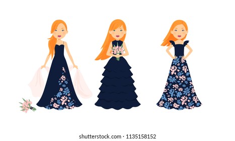 a set of female characters, portraits of pretty young girls/women dressed in elegant wedding dresses as brides; cartoon style, childish, doll look; vector, isolated