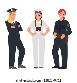 Set of female characters in professional uniform isolated on white background. Pilot, captain, police officer.  Vector illustration in flat style