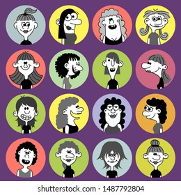 Set of female characters in a round hole. Hand drawn vector drawing.