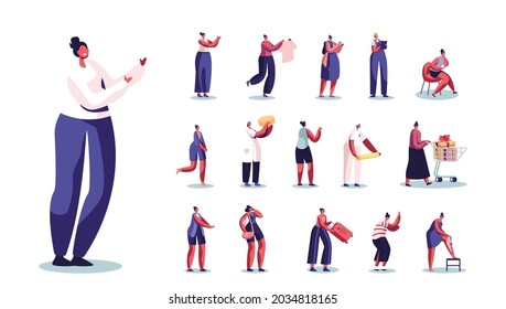 Set of Female Characters Shaving Legs, Buying Gifts, Builder or Engineer Occupation, Cheese Manufacture Worker, Student or Traveler Isolated on White Background. Cartoon People Vector Illustration
