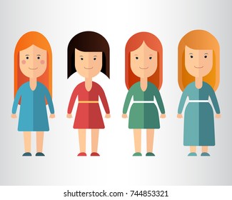 Set of female characters with smiling positive facial expression. Vector illustration