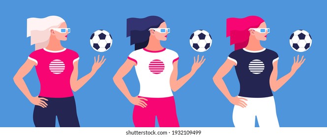 Set of female characters with a soccer balls, with different colors  of hair and clothes. Fitness trainer, fitness instructor, physical education teacher or football lover. Vector illustration