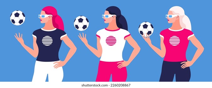 Set of female characters with a soccer balls - brunette, blonde and redhead. Fitness trainer, fitness instructor, physical education teacher or football lover. Vector illustration