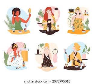 Set of female characters taking care of face and hair. Women making beauty procedures and styling hair at home, flat vector illustration isolated on white background.