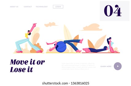 Set of Female Characters Training Openair. Girl Stand with Hands Up, Fitball Workout, Yoga Dog Asana, Healthy Sporty Lifestyle, Website Landing Page, Web Page. Cartoon Flat Vector Illustration, Banner