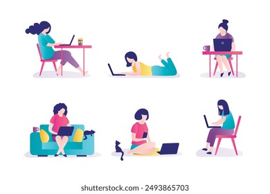 Conjunto de personajes femeninos en varias poses, proceso de trabajo en la oficina o el lugar de trabajo en el hogar. Mujer de negocios trabajando en la computadora o computadora portátil. Freelancers teletrabajo ocupación. Ilustración vectorial plana