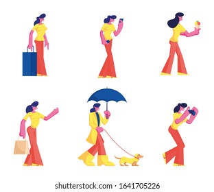 Set of Female Characters Wearing Casual Clothes Walking with Dog in Rainy Weather, Eating Ice Cream, Travel with Luggage, Photographing Isolated on White Background. Cartoon Flat Vector Illustration