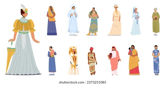 Set Female Characters wearing Historical Costumes. Women Dressed as Victorian Lady, Wear Native American, Indian, Korean, Chinese or African Attire, Medieval Dress. Cartoon People Vector Illustration