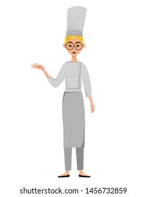 Set of female characters. Woman cook points to the hand to the side. Vector illustration