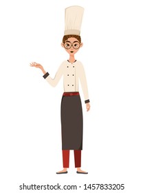 Set of female characters. Woman cook points to the hand to the side. Vector illustration