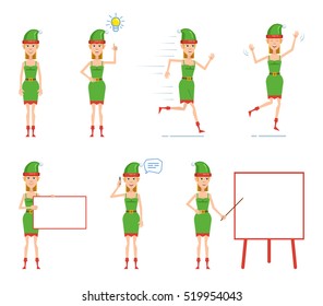 Set of female Christmas elf characters posing in different situations. Cheerful elf pointing up, running, jumping, holding banner, talking on phone, pointing to whiteboard. Flat vector illustration