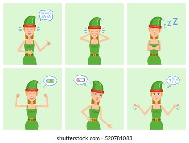 Set of female Christmas elf characters posing in different situations. Cheerful elf laughing, crying, sleeping, thinking, full of energy, tired. Flat vector illustration