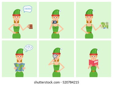 Set of female Christmas elf characters posing in different situations. Cheerful elf holding mug of beer, photo camera, map, magnifying glass, reading a book. Flat vector illustration