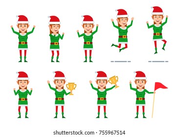 Set of female Christmas elf characters showing various success actions. Cheerful elf girl jumping, celebrating, holding golden cup and showing other actions. Flat style vector illustration