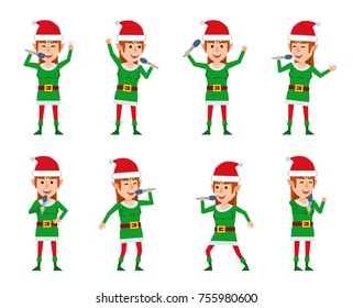 Set of female Christmas elf characters posing with microphone in different situations. Cheerful elf girl karaoke singing. Flat style vector illustration